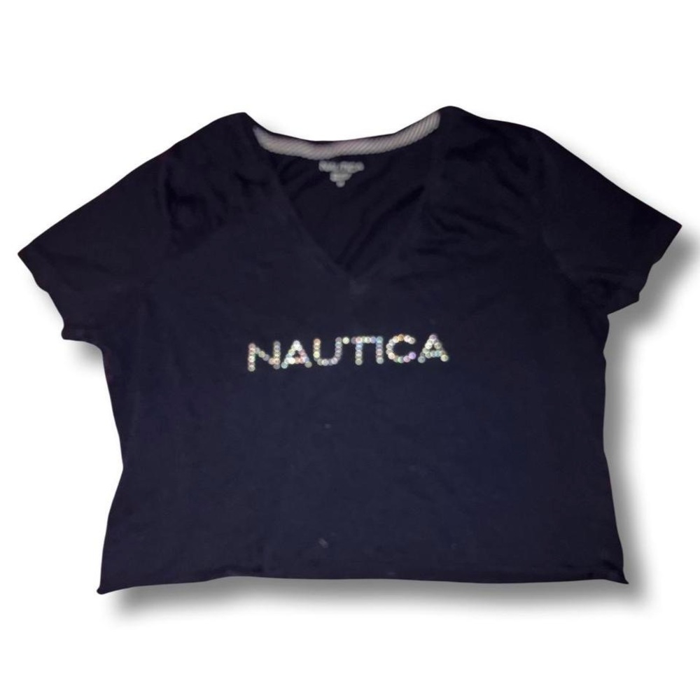 Nautica navy blue v neck crop top studded bling cropped tee shirt